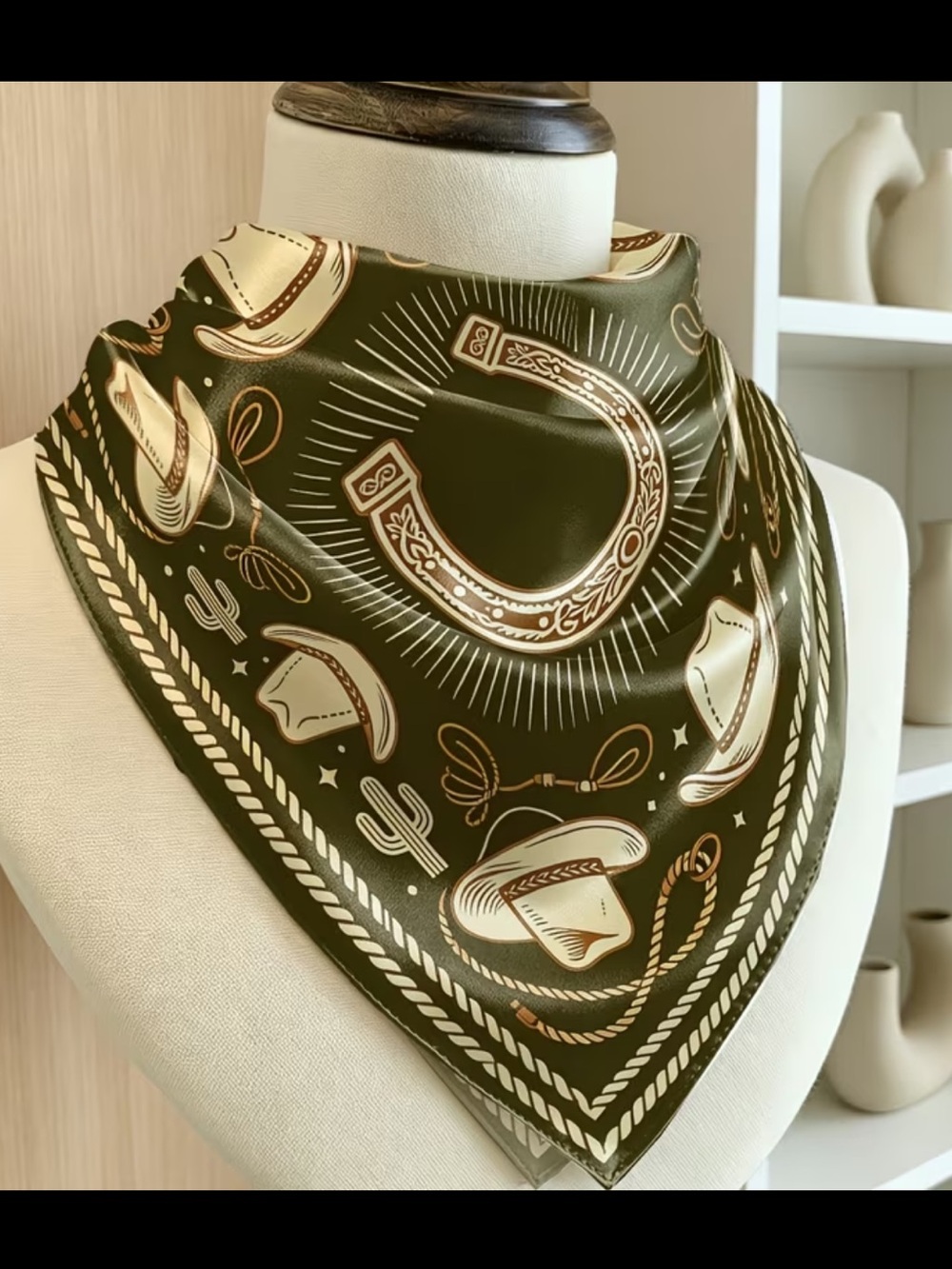 Western Horseshoe Print Bandana Scarf - Olive & Ivory
